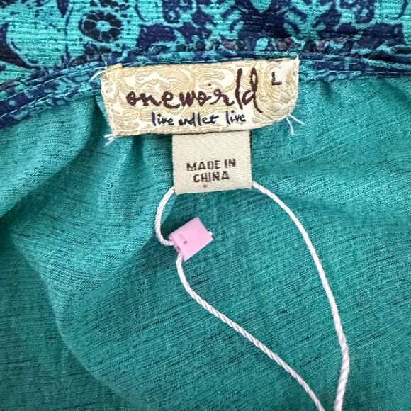 Y2K VTG oneworld Babydoll Rhinestone Boho Blouse Turquoise Print L - Picture 5 of 7